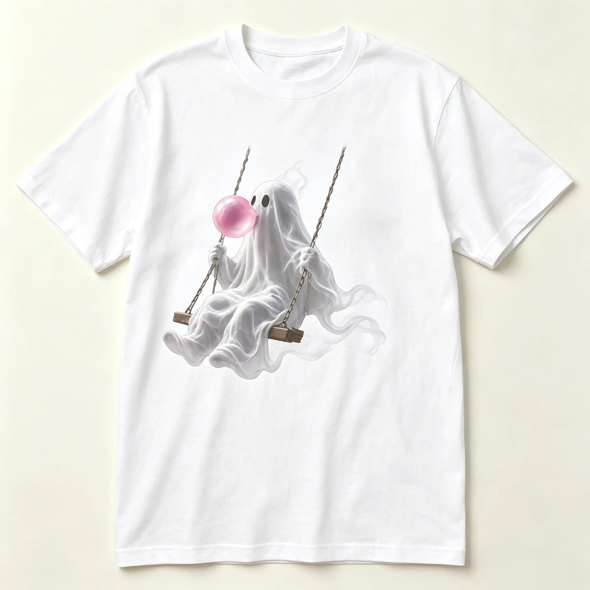 Women's Cute Swing Ghost Bubblegum Graphic Cotton T-Shirt - Relaxed Fit, Oversized Comfort Short Sleeve, Halloween Outfit, Machine Wash Clothes, Perfect Gift For Her Him