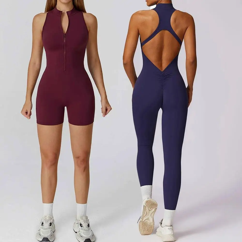 Women's Scrunch Jersey Sports Overalls - Short-Set Gym Jumpsuit, Zipper Fitness Tracksuit for Yoga & Workout Wear, Fitted, Overall Jumpsuit, Zip Front, Short Sleeve Dress, One Size