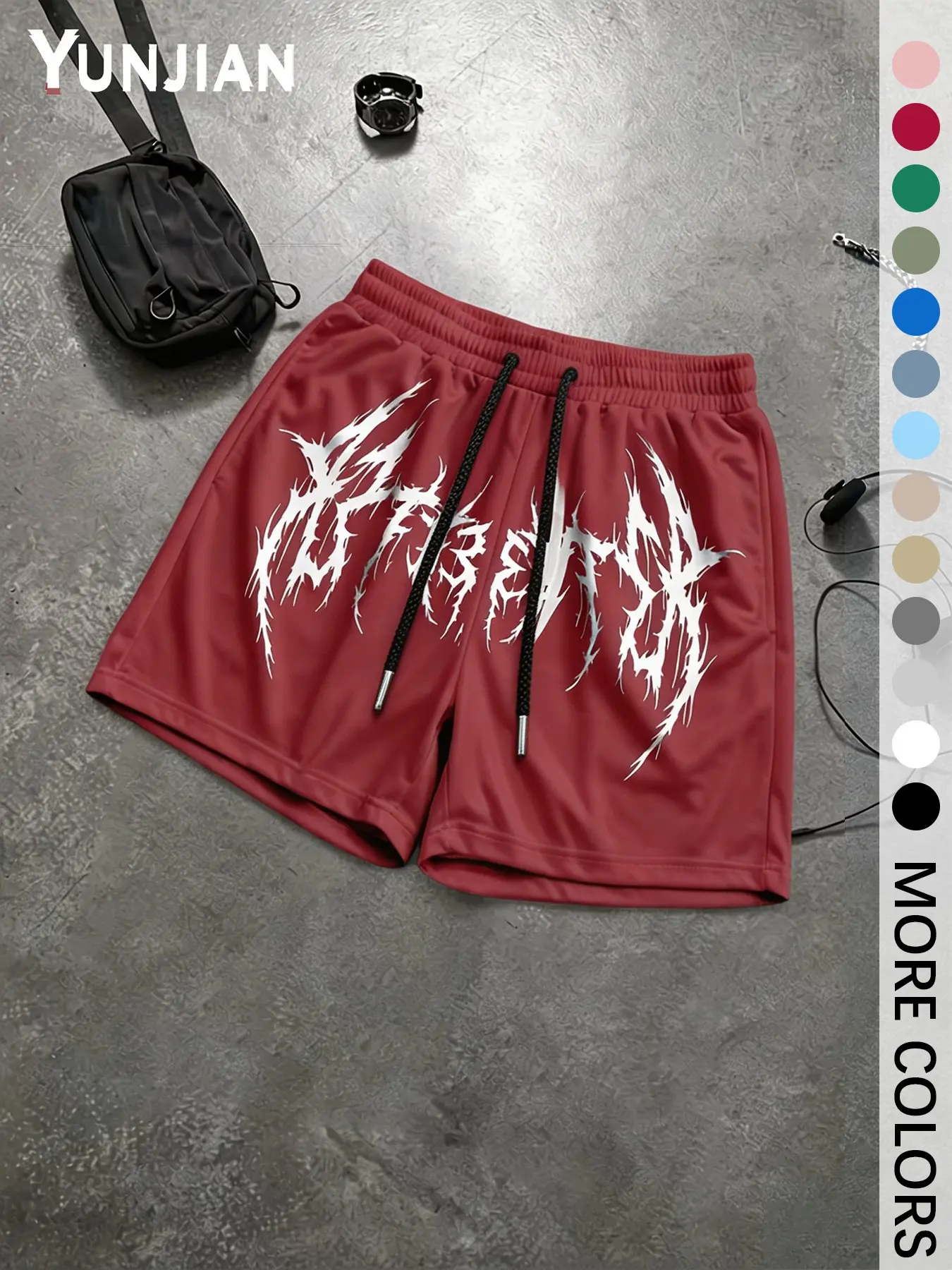 Men's Loose Fit Sport Shorts, Drawstring Casual Streetwear, Gothic Metal Print, Punk Y2K Style, Breathable Summer Workout Pants