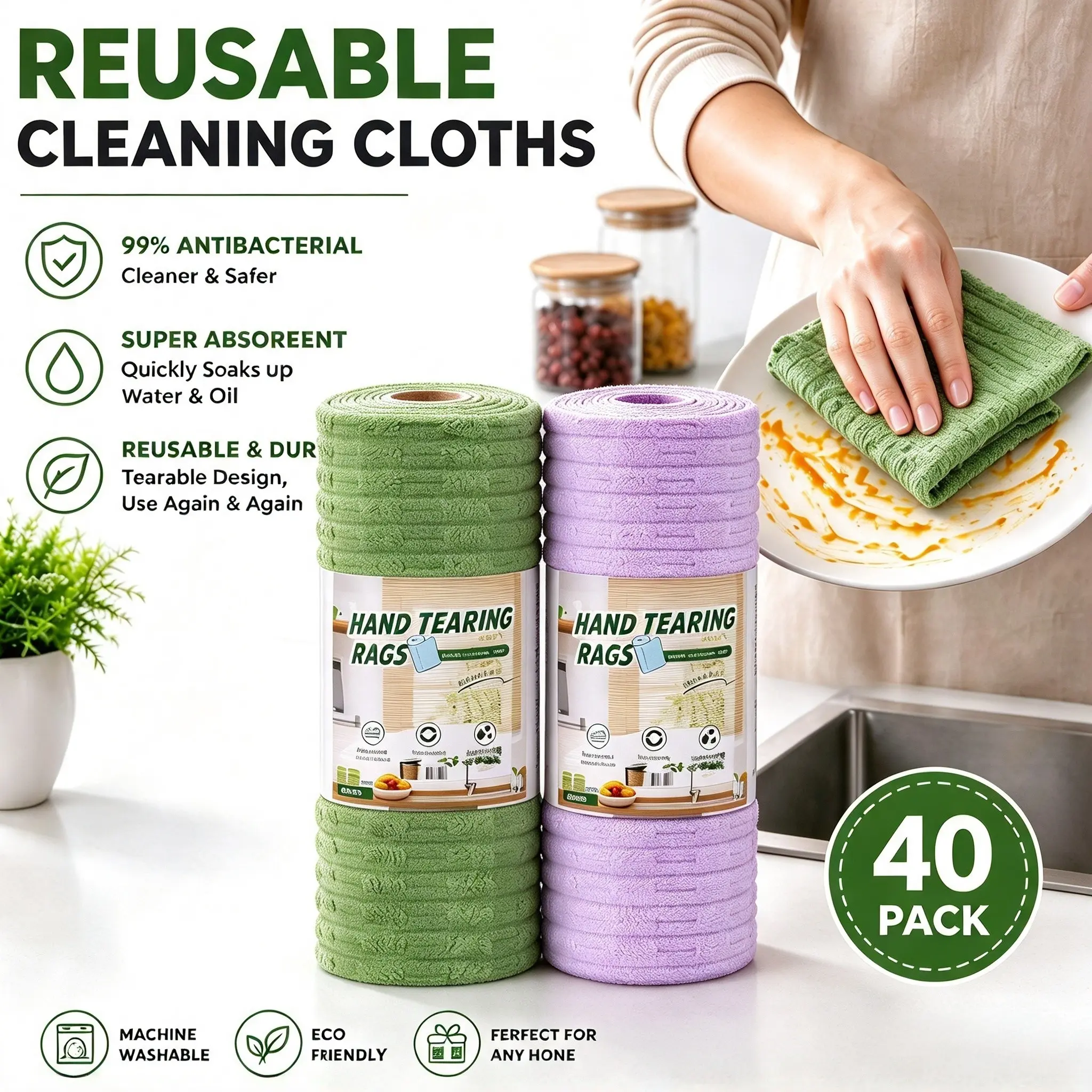 40/80 Pieces Tearable Antibacterial Cleaning Cloths, Reusable Non-Lint Wet Dry Towels, Trace-Free Wipes for Kitchen, Car, Glass, Electronics