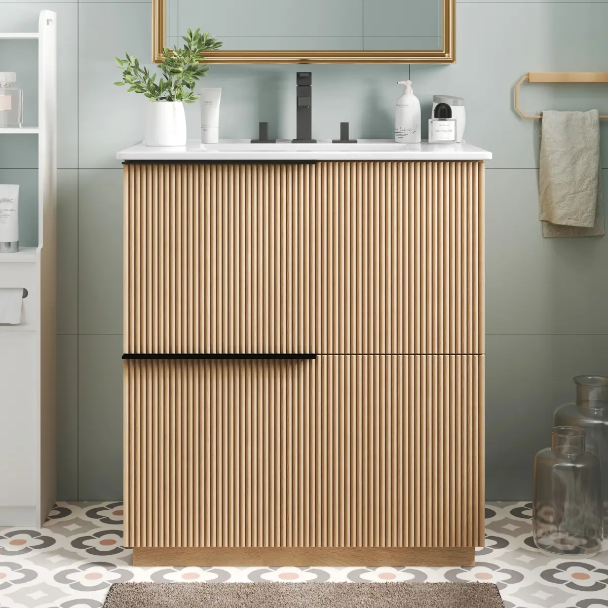 Christopher Knight Home® 30" Bathroom Vanity Cabinet with Ceramic Undermount Sink, Full-Extension Drawers, Soft-Close Drawer Slides, Fluted Look, Natural Finish