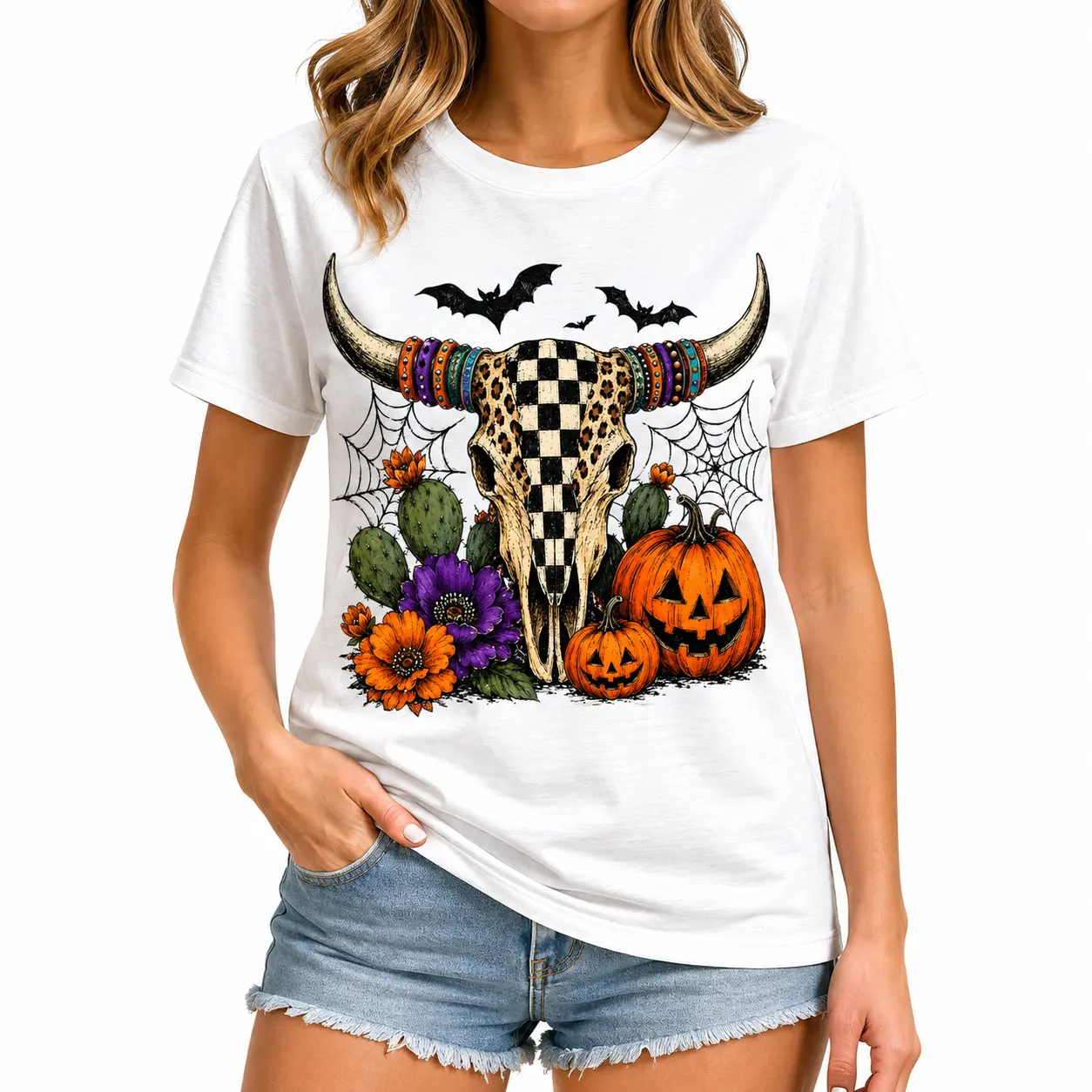 Halloween Cow Skull T-shirt, Western Longhorn Pumpkin T-shirt, Sublimation Halloween Season Trending Gift