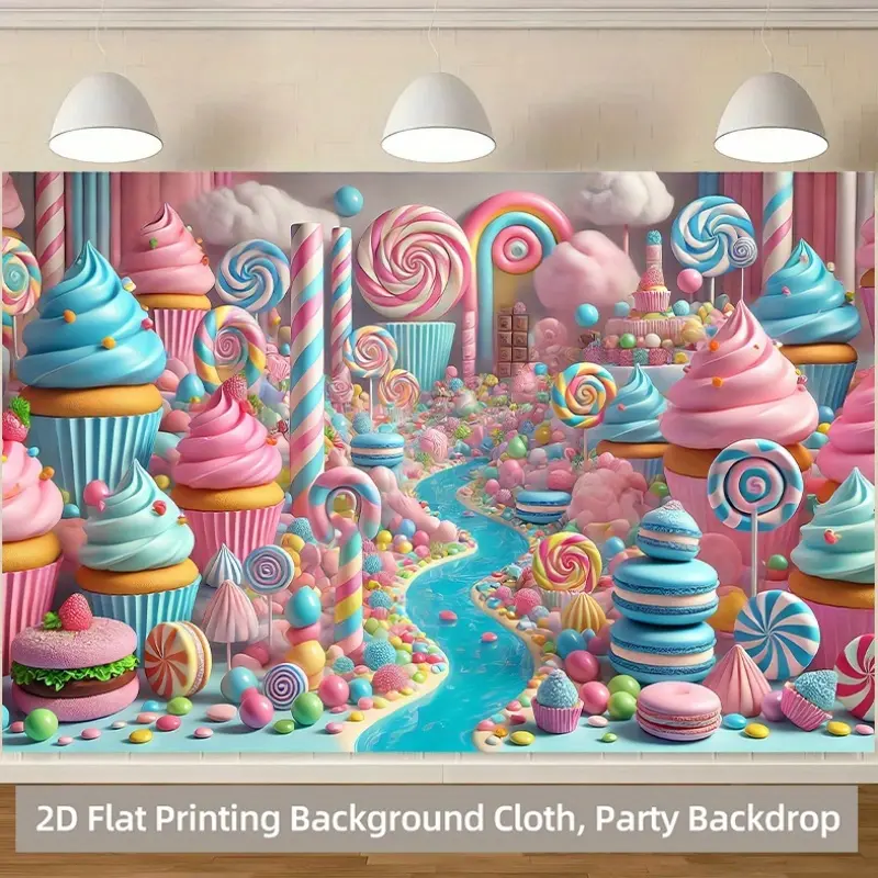 Decorative 1-Piece Polyester Candy Dessert Wonderland Backdrop Banner - 2D Flat Print, Playful Lollipop/Sugar Ball/Cake Scene, Indoor Party Decor, Home Wall Art, No Electricity Needed
