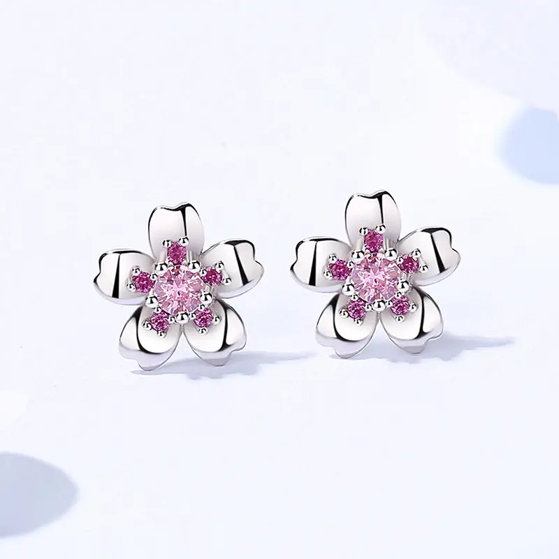 S999 Pure Silver Set with Pink Zircon Plum Blossom Earrings, A Niche Design, Light Luxury Foot Silver Earrings, Suitable for Daily, Dating and Other Occasions, Birthday Gifts