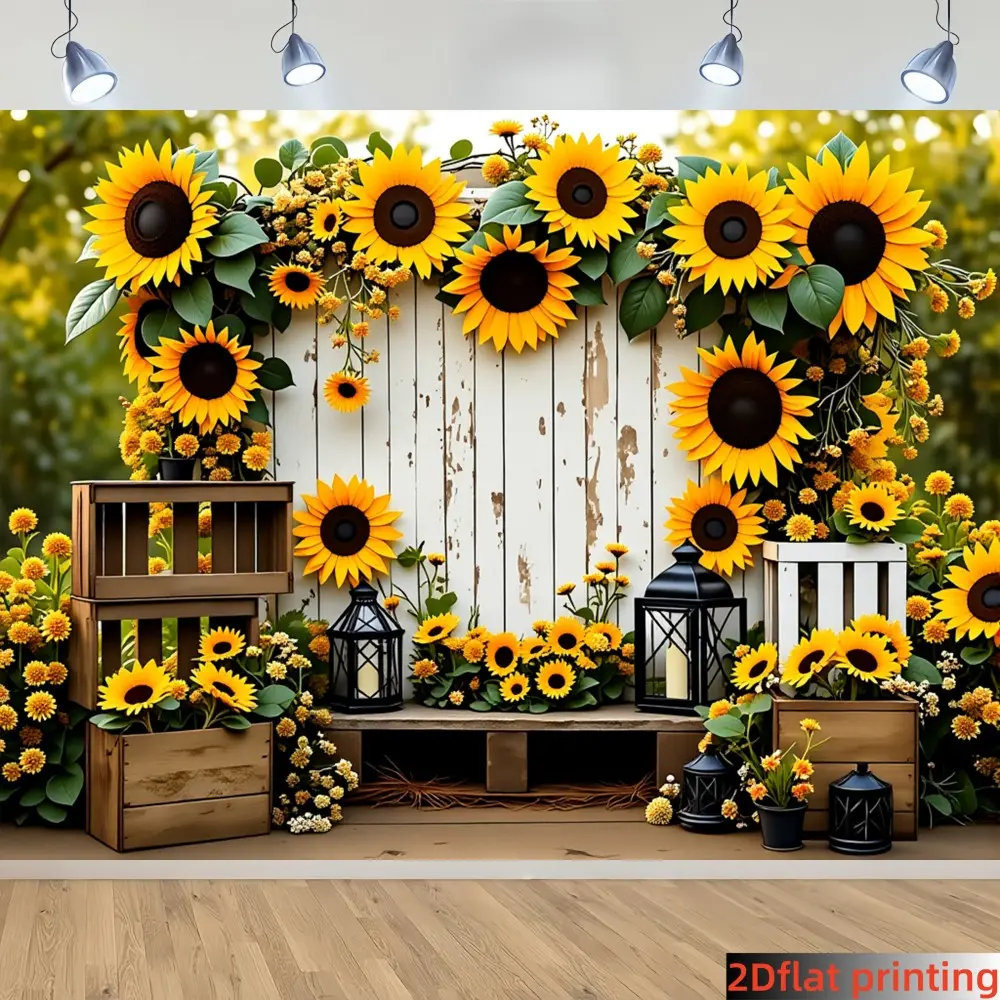 1PC 2D flat sunflower wood flower wall green plant background cloth, polyester fiber suitable for forest portrait shooting, wedding banquet atmosphere decoration, Polyester Backdrop Banner