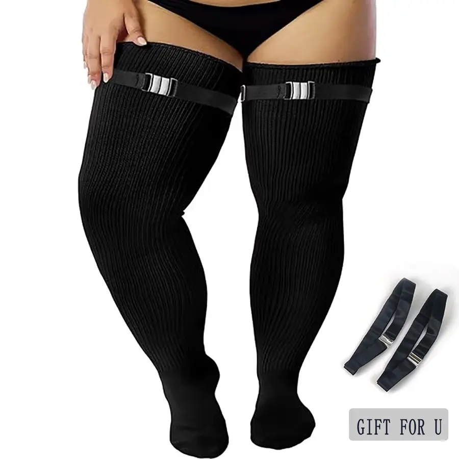 Anti-Slip Strap Thigh High Socks for Plus Size Women, Striped over the Knee Stockings, Stretchy Long Socks for Daily Wear & Cosplay, Casual Daily Socks, Casual Comfy Socks