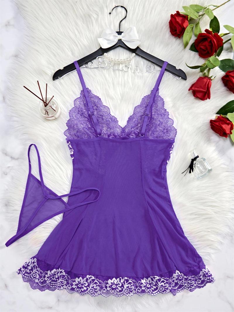 Women's Contrast Floral Lace Bow Front Sexy Costumes Set, Fashion Adjustable Strap Nightgown & Solid Thong, Ladies Summer Clothes for Daily Wear