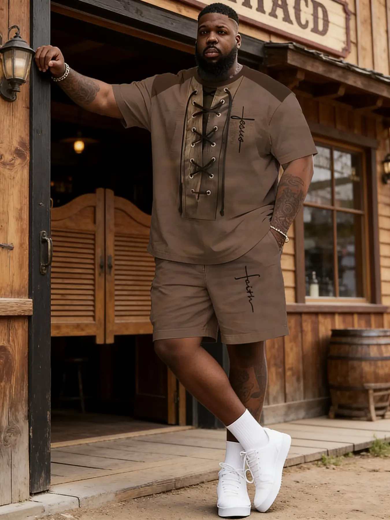 Men's Plus Size 3D Printed Casual Sports Set, Breathable Lightweight with Tee and Shorts, with Tie Details, Athleisure Wear Set, Athletic Shorts Set, Lightweight Summer Activewear, Lightweight Athletic Outfits, Active Sportswear