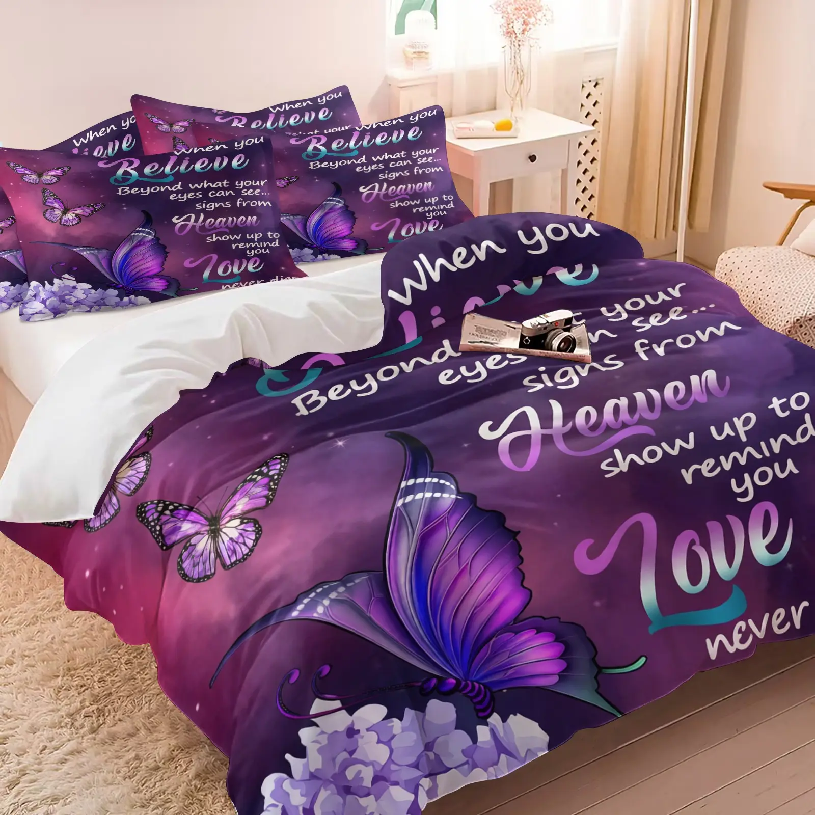 Purple Butterfly Inspirational Quote Print Duvet Cover Set, 1 Duvet Cover & 1/2 Pillowcase Bedding Set No Filling, Soft Skin-Friendly, Gift for Women Teen Girls Bedroom Dorm Home Decor