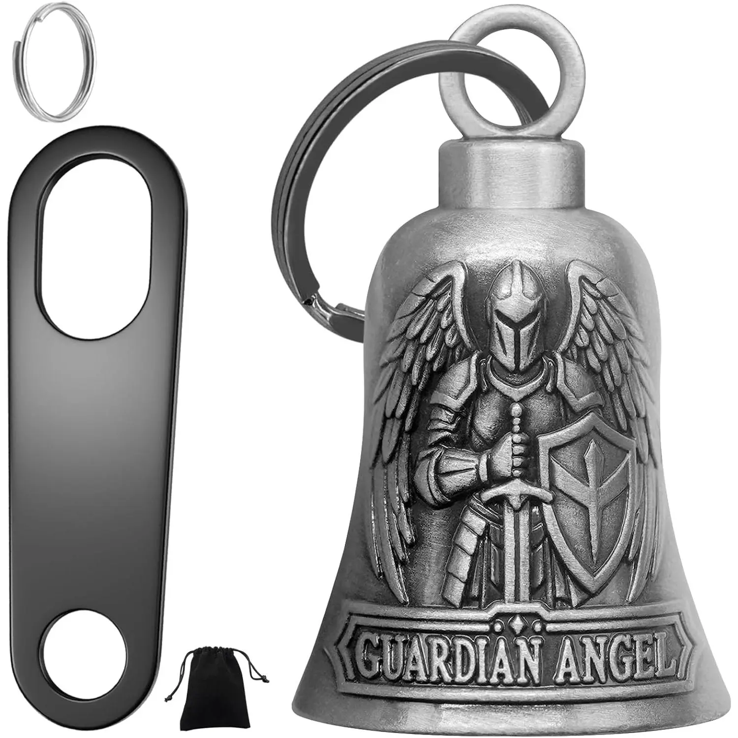 St. Michael Motorcycle Bell Guardian Angel Gremlin Biker Bells for Luck with Motorcycle Bell Hanger, 2 Key Chain Ring Accessories, Velvet Pouch