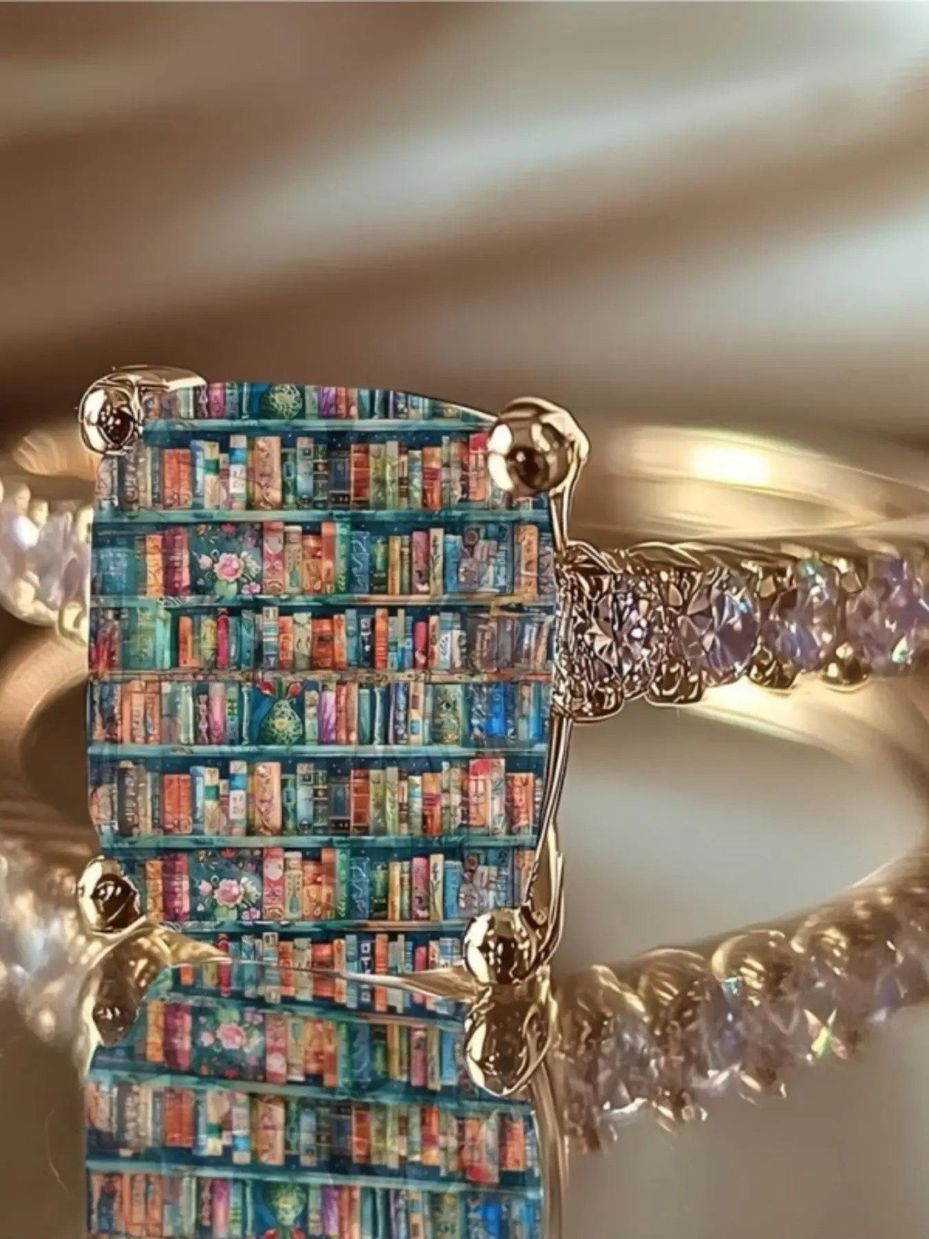 Colorful Vintage Bookcase Print Square Ring, featuring a full-page colorful picture book scene, creating a literary and bookish atmosphere, suitable as a niche and delicate decorative accessory for daily gifting to book lovers, Square Shaped Ring