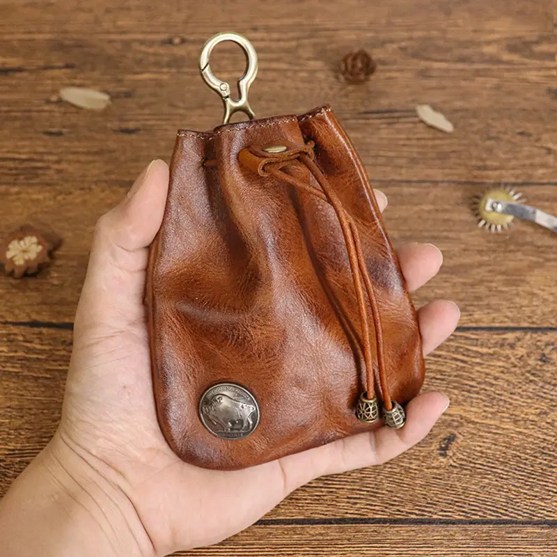 Retro Full-Grain Leather Coin Pouch for Male, Mini Drawstring Bag with Hand-Rubbed Finish & Carabiner Clip for Daily Carry, Birthday Gift