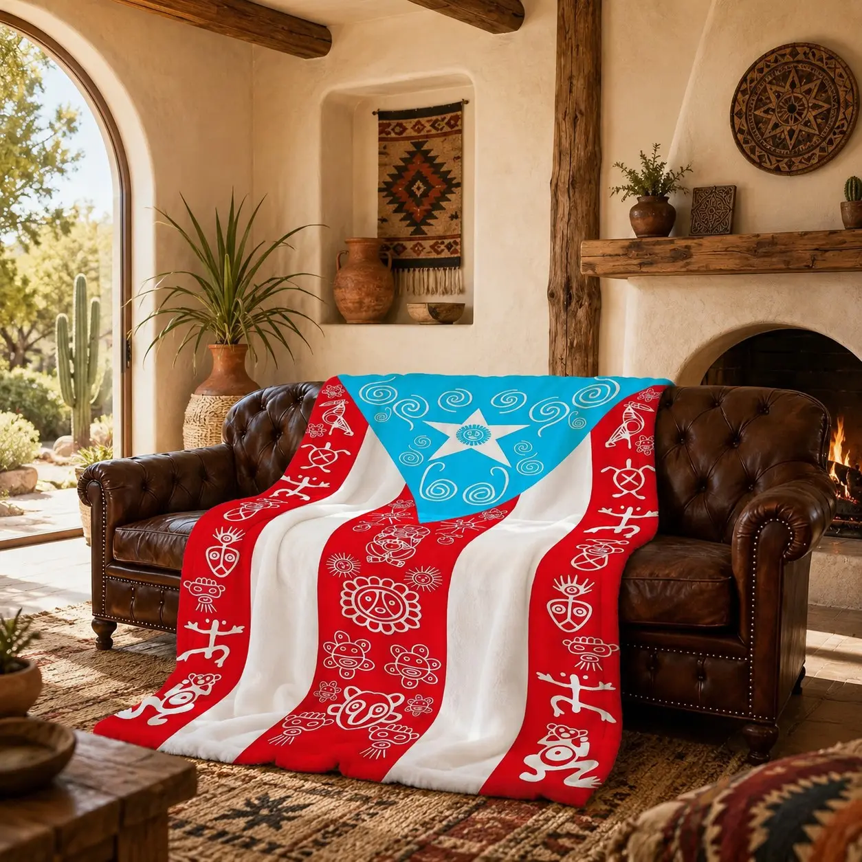 Single Pack Puerto Rico Taino Symbol Flag Flannel Throw Blanket, Soft Warm Single-Side Print Blanket, Multi-scene Blanket Perfect for Sofa, Bed, Car, Office Naps, Camping, Picnics & Travel, Cultural Ethnic Decorative Blanket