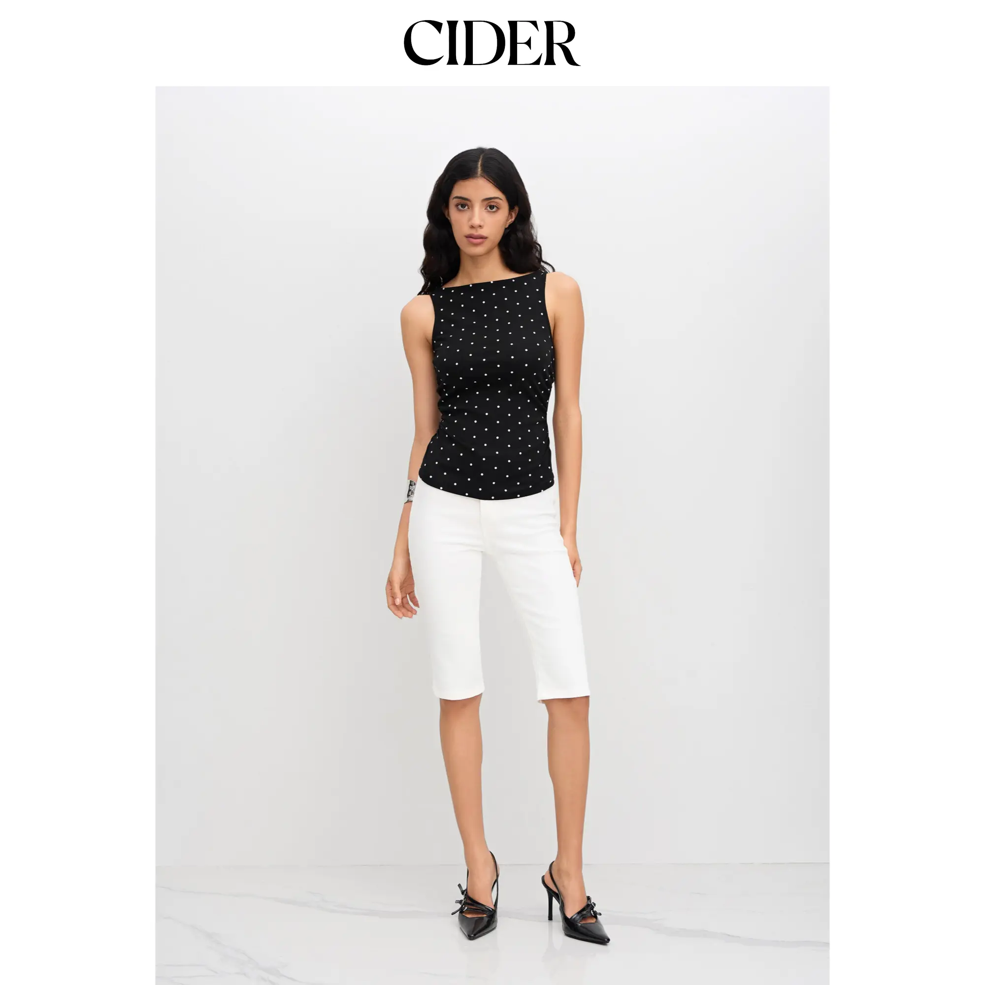 Cider Cotton-blend Boat Neck Knotted Polka Dot Ruched Tank Top