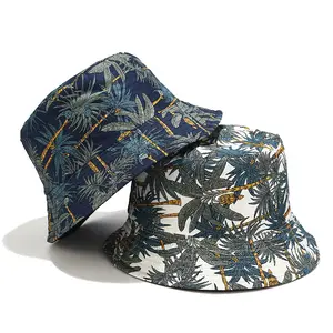 Hawaiian Palm Tree Bucket Hat Reversible Summer Sun Beach Cap Tropical Coconut Tree Print Cotton Foldable Fishermans Bonnet Pack For Men Women Vacation Outdoors