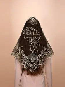 Catholic Church Mass Veil, Christian Embroidered Cross Headscarf, Floral Trim Prayer Shawl, Embroidery Shawl, Latin Mass Prayer Accessory