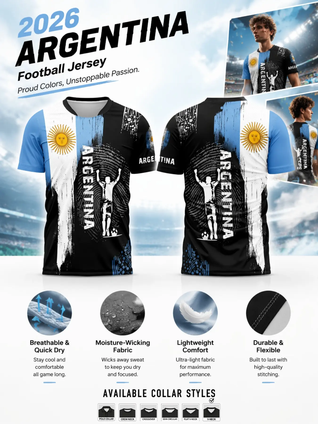 2026 Argentina Sport Short Sleeve Jersey, Fitted Print Design, Ideal for Training & Daily Wear, Perfect for Stadiums & Outdoor Activities