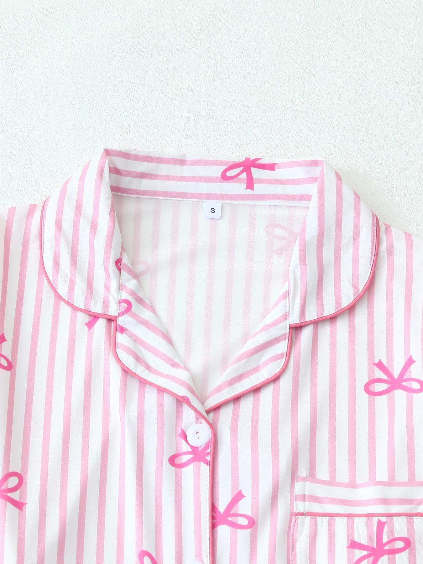 【Valentine Pajamas】Two-Piece Set Women's All Over Bow Print Button Front Shirt & Pants Pyjama, Casual Comfy Long Sleeve Lapel Neck Top & Trousers PJ Set, Women's Sleepwear for Spring & Fall