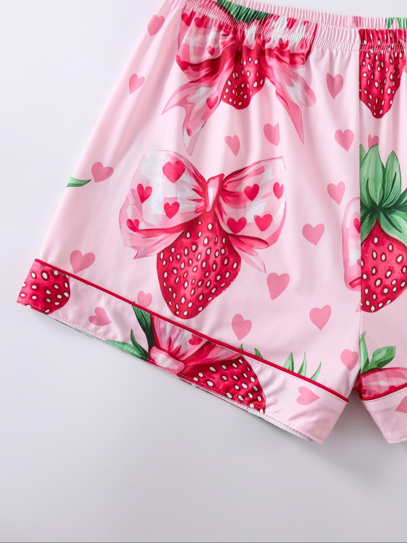 Women's Strawberry & Heart Print Lapel Neck Shirt & Shorts Matching Pyjama Two-piece Set, Ladies Sleepwear for All Seasons, Loungewear, Pajamas