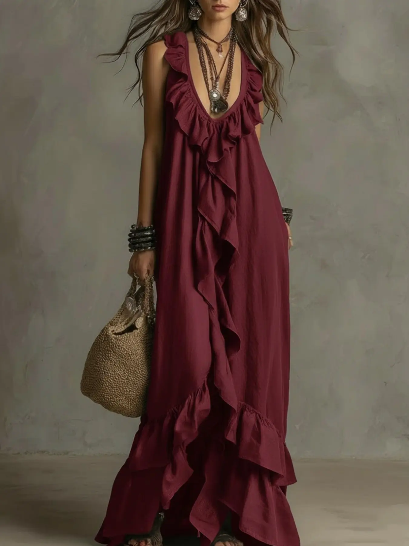 2026 Summer Fashion Women's Solid Color Sleeveless Ruffle Dress, Bohemian Style V-Neck Short Sleeve Retro Dress, Casual Vacation Wear