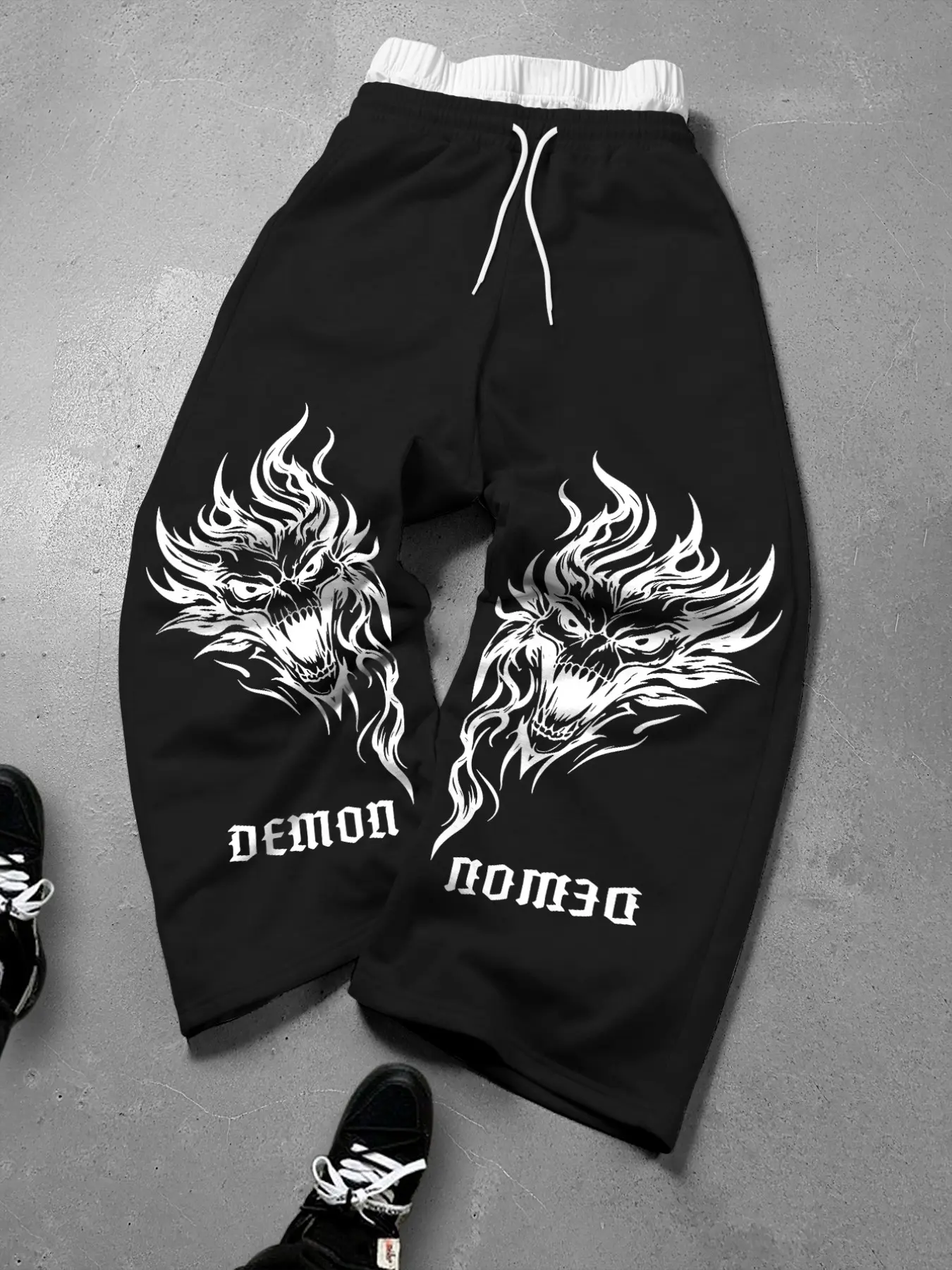 Men's Casual Loose Fit Long Pants, Flame Demon Gothic Print, Contrast Binding Design, Ideal for Daily Wear, Travel, Commute