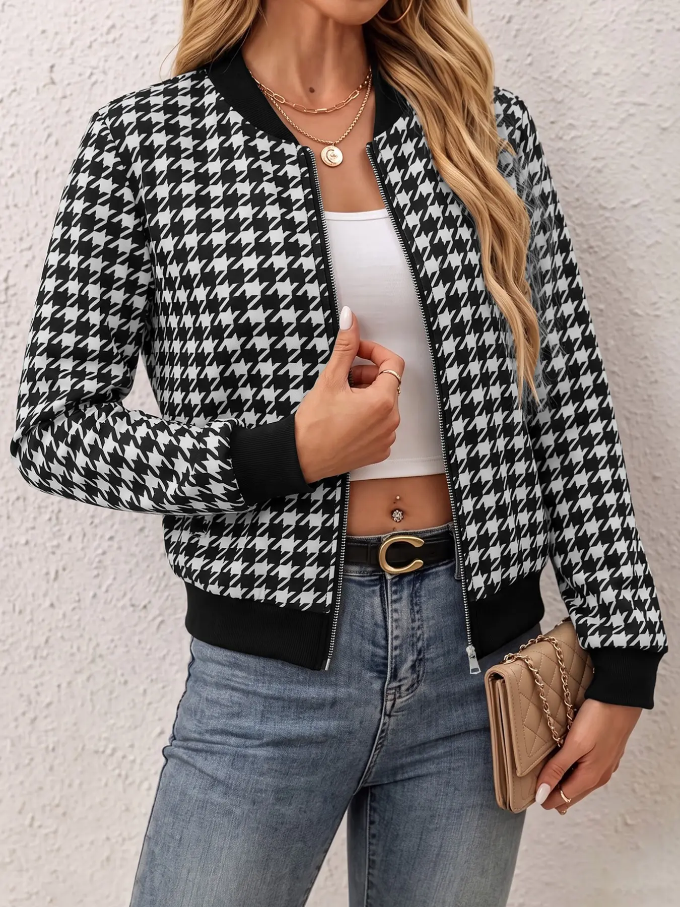 Women Houndstooth Print Bomber Jacket Long Sleeve Zip Up Stand Collar Casual Cropped Outerwear Vintage Plaid Short Coat，Bomber Jacket、Houndstooth Jacket、Zip Up Jacket、Cropped Jacket、Vintage Outerwear、Plaid Coat、Stand Collar Jacket
