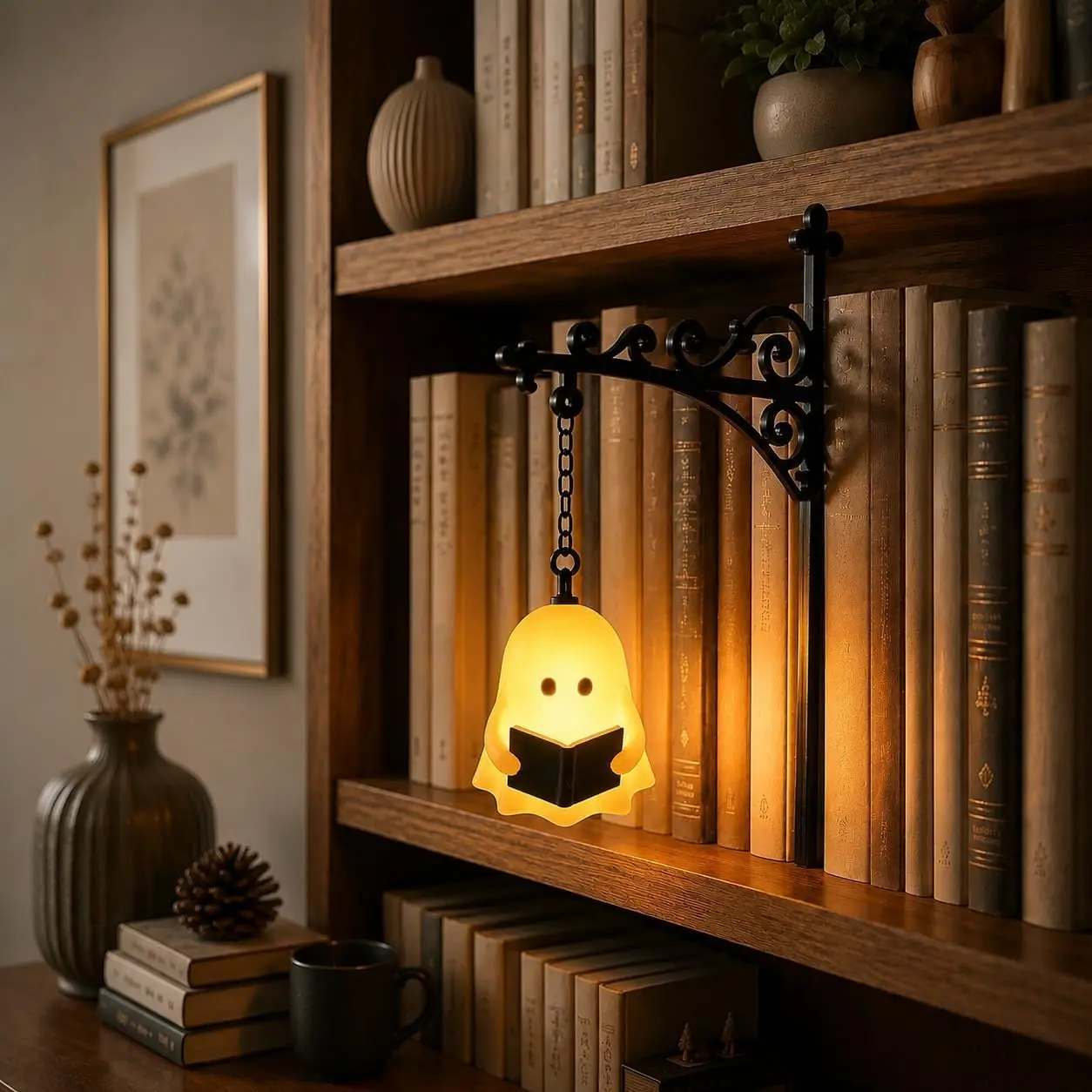 Library Lantern-Decorative Bookshelf Lighting, Mini Bookshelf Lamp Slides Between Books, Warm Amber LED Nook Light & Bookshelf Lantern for Book Nook, Shelf Decor Gift for Book Lovers(Reading Ghost)