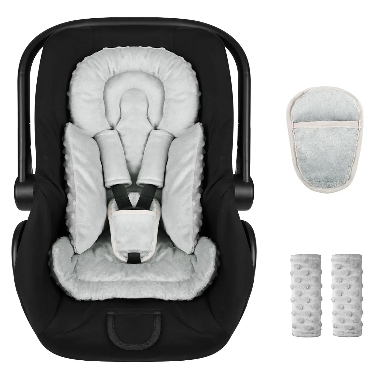 Baby Car Seat Insert, Reversible Minky Plush Head and Body Support Cushion for Newborns, Universal Fit for Strollers & Swings, 4-Piece Set with Strap Covers, Machine Washable, Grey