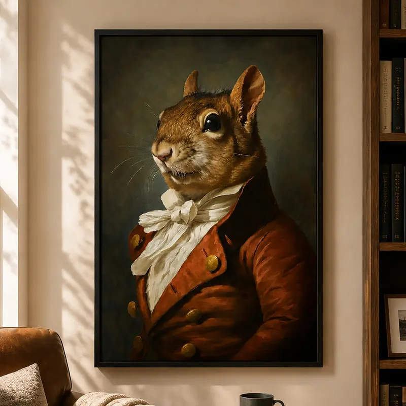 Wood Renaissance Squirrel Portrait Print, Vintage Animal Wall Art, Woodland Wildlife Poster, Rustic Lodge Decor, Classic Renaissance Animal Painting, Cottagecore Home Decor, Nature Wall Art, Whimsical Forest Artwork, Living Room Bedroom Decor, Animal Love