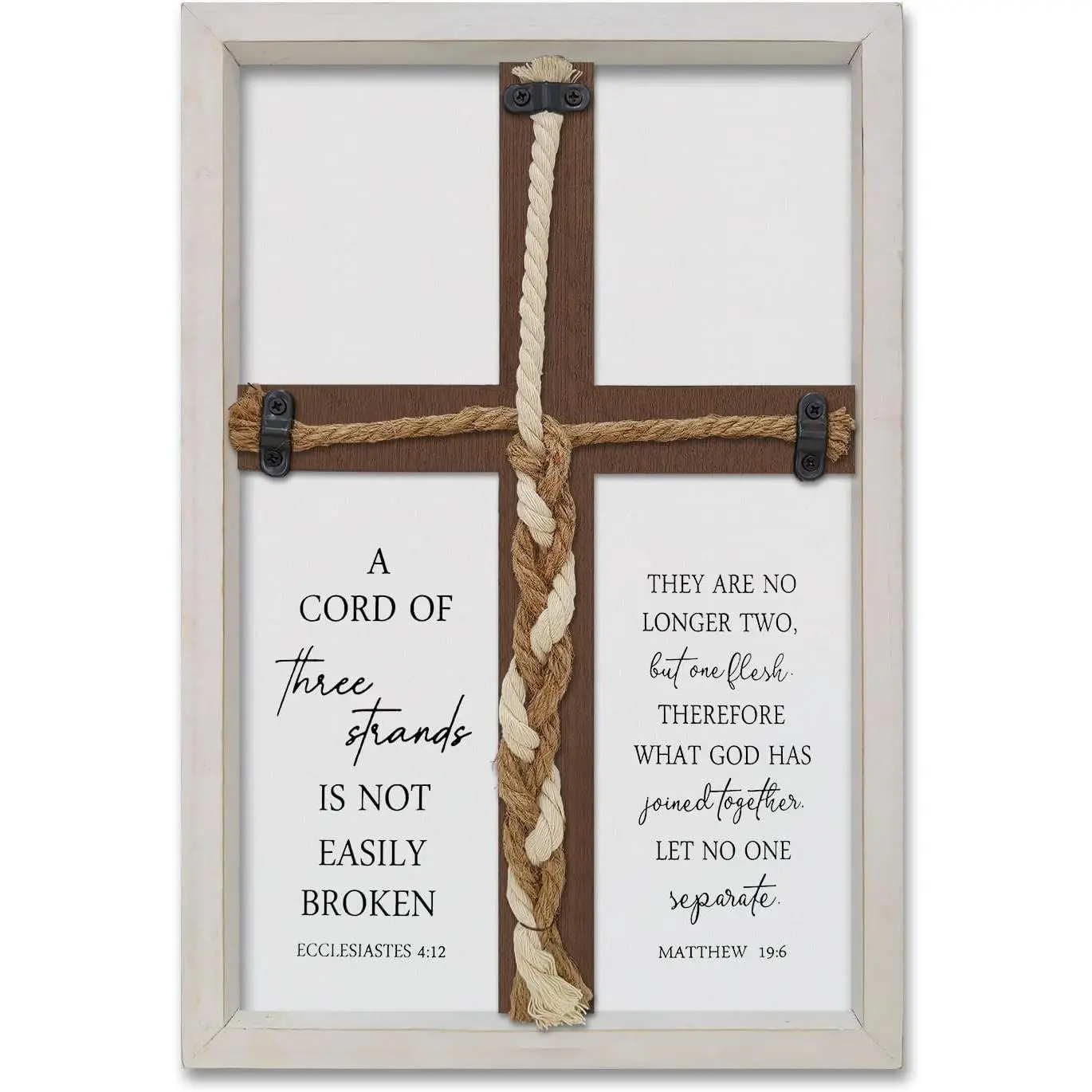 Cord of Three Strands Wedding Ceremony Unity Sign Framed 15x10 Inch Christian Marriage Prayer Cross Matthew 19 6 Wall Decor Hanging (White)