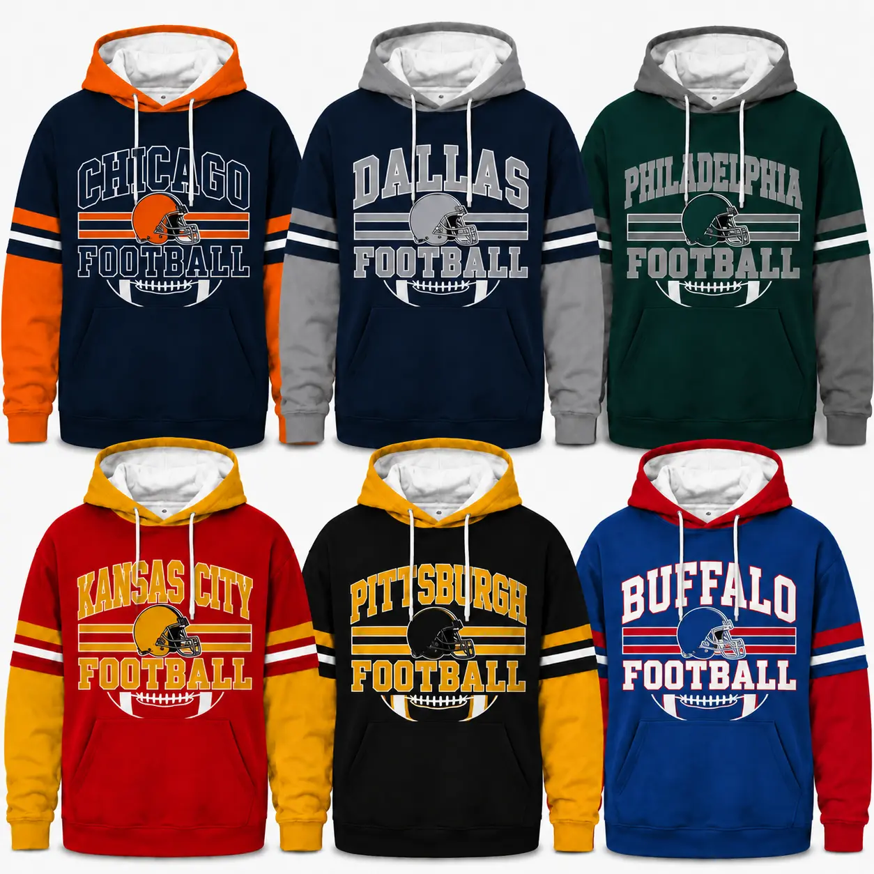 Unisex Retro Football Helmet Graphic Hoodie, All Team Print Color Block Long‑Sleeve Pullover Hoodie Sweatshirt, Game Day Fan Apparel for Sports Casual Wear