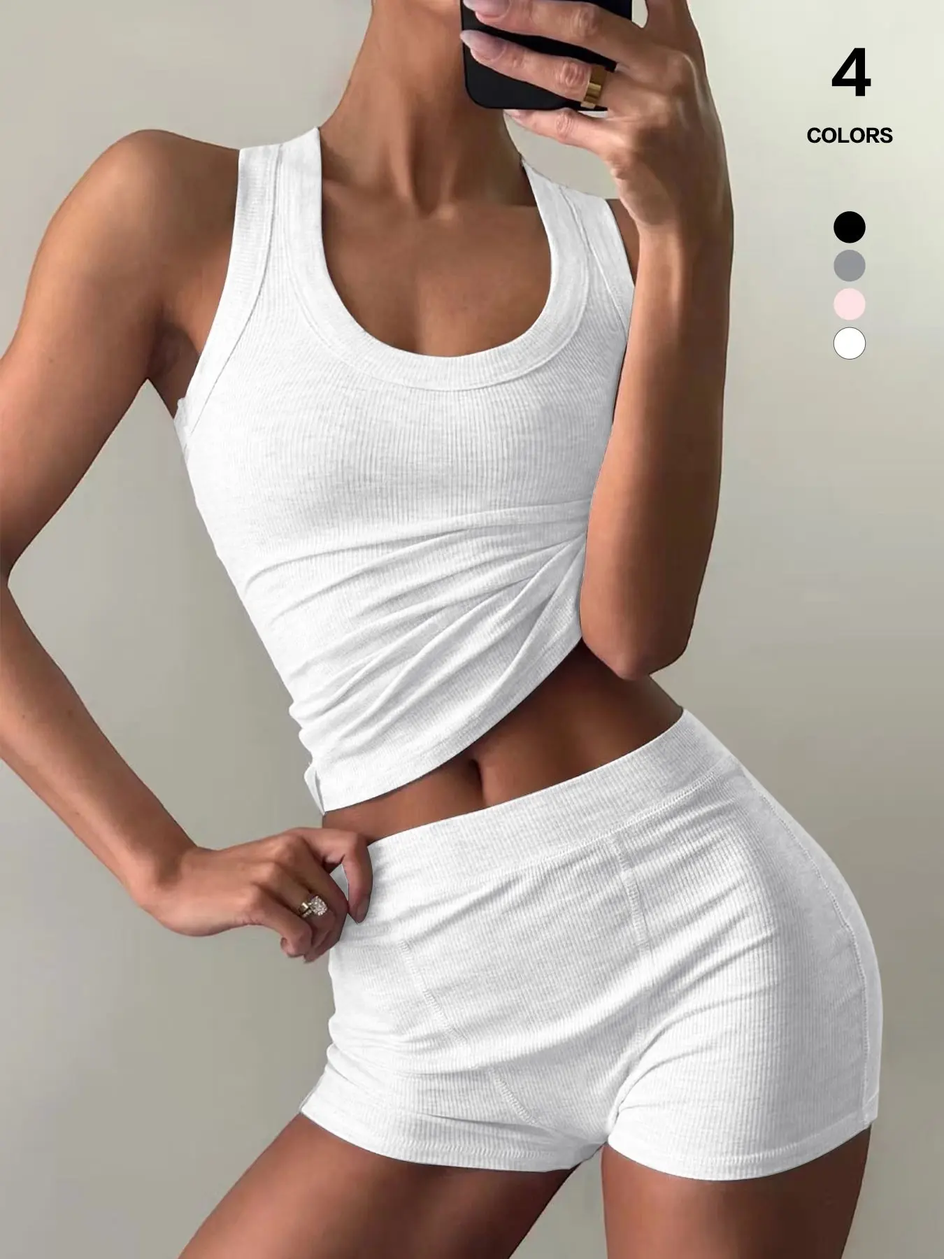Women's Sleeveless U-Neck Ribbed Crop Tank Top & High-Waist Stretch Shorts Set, Basic Soft Slim Fit, Casual Home Lounge