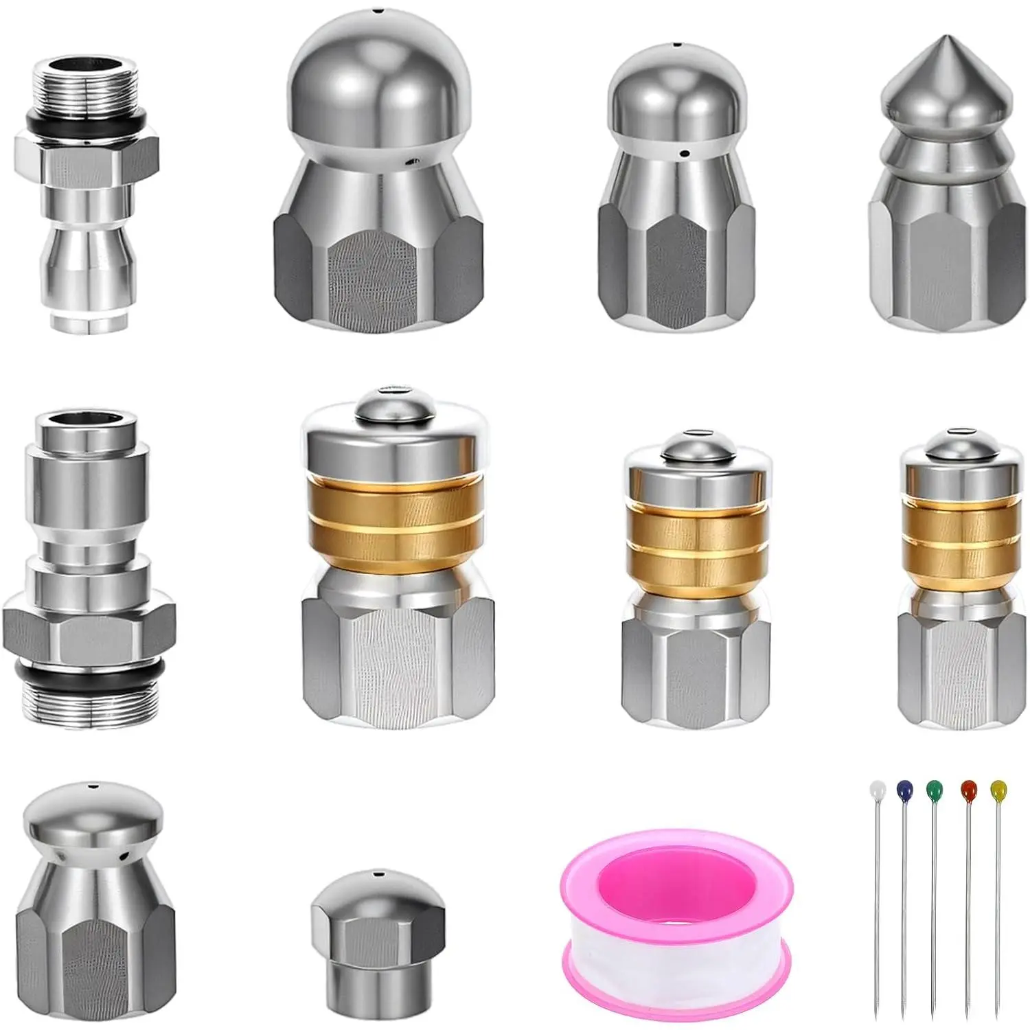 10 count Sewer Jetter Nozzle Kit with 1/4" & 3/8" NPT Quick Connectors,with 50  Sewer Jetter kit for  Washer Stainless Steel Sewers Cleaning Tool 5000 PSI