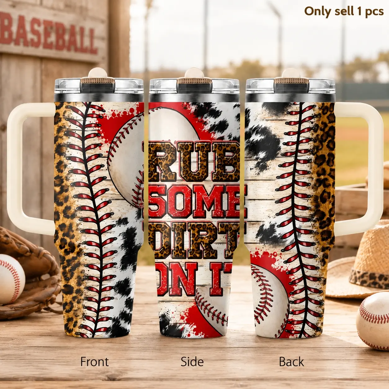 Baseball Fun Sports 40oz Tumbler – Athletic Game Day Stainless Steel Insulated Travel Cup with Handle & Straw Lid for Coffee, Water, Stadium, Office, Gym, Car, Sports Fan Gift