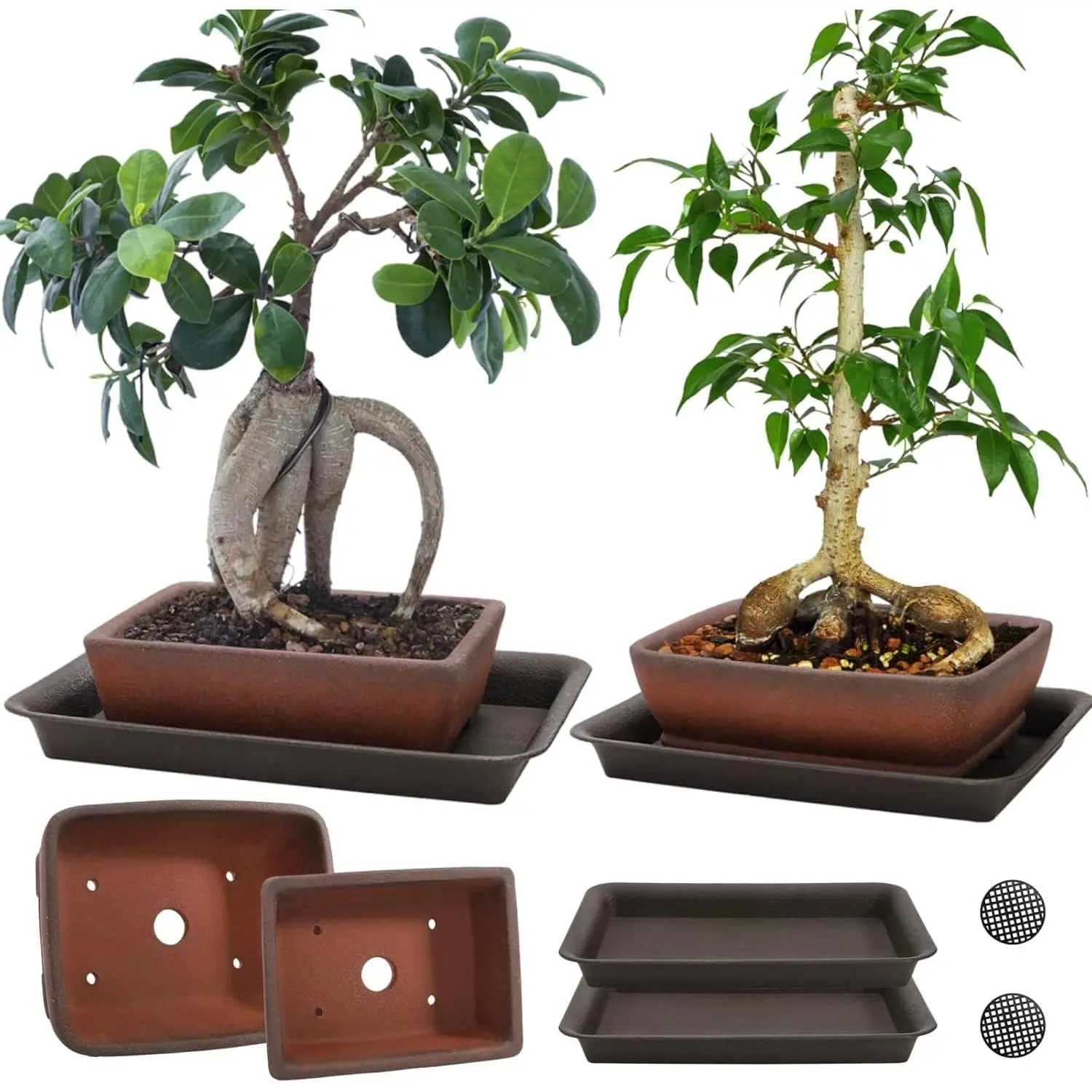2 Pack Ceramic Bonsai Pots with Drainage Tray, 6" and 7" Unglazed Rectangle Bonsai Tree Planters, Bonsai  Pots, Succulent Cactus Planter with Drainage Hole for Outdoor Indoor, Brown