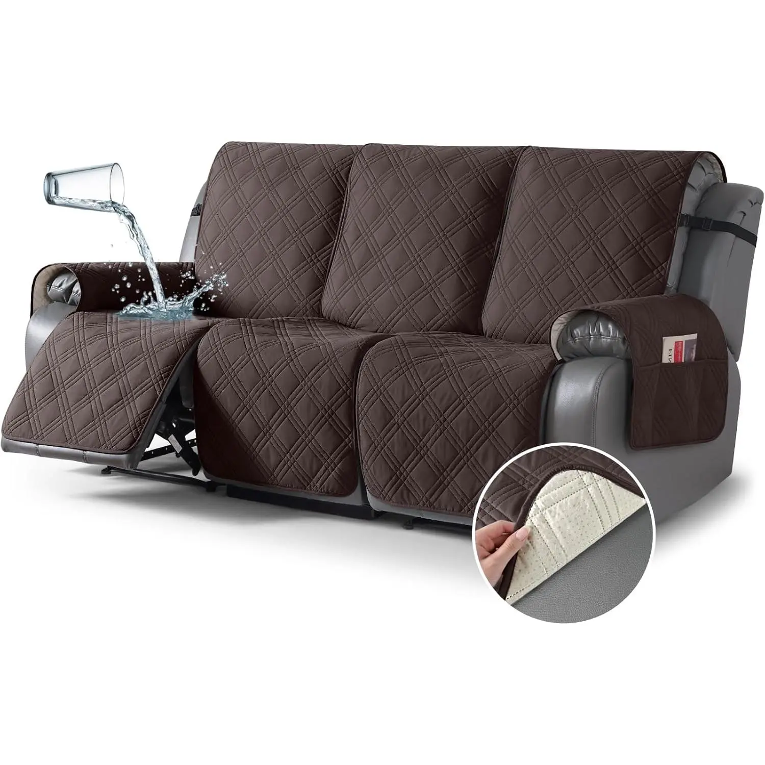 100% Waterproof Non Slip Recliner Sofa Cover for 3 Seat Reclining Sofa, 3-Piece Split Reclining Couch Covers with Straps, Washable Sofa Slipcover for Kids Pets, 3 Seater, Chocolate