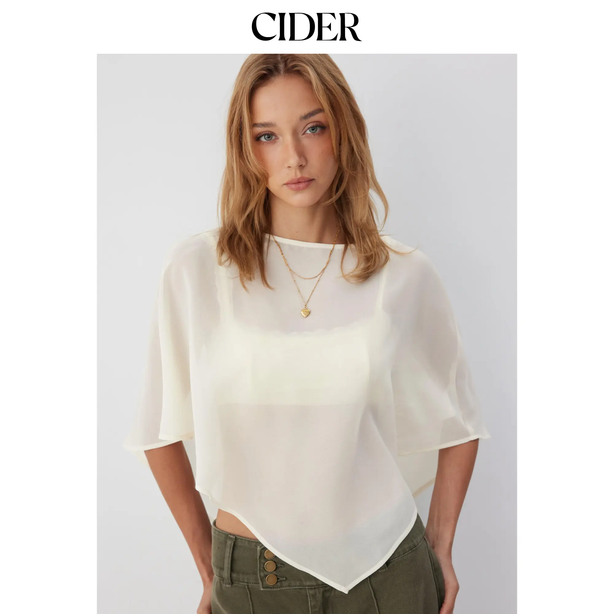Cider Sheer Lace Asymmetrical Poncho Top Two-Piece Set