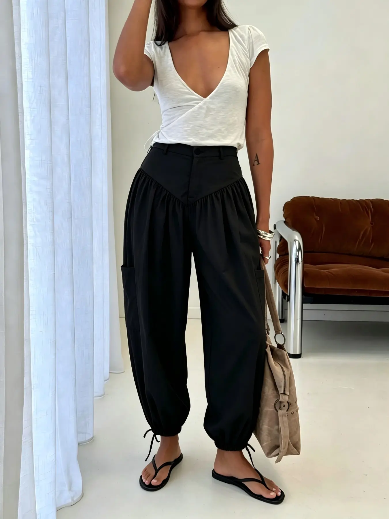 French Vintage Fashion High-Waisted Wide-Leg Lantern Bottom Pants, Loose Fit Baggy Slimming Workwear Casual Style Cuffed Harem Pants, Ankle Length Mid Waist