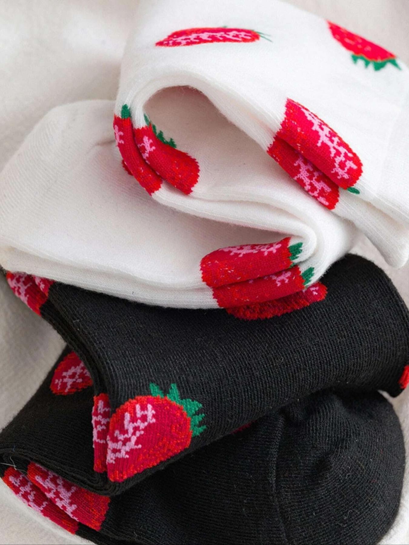Women's 2 Pairs Strawberry Print Jacquard Crew Socks, Fall Wear, Fallfreshness Casual Moisture Wicking Socks, Soft Comfy Breathable Socks For All Seasons Daily Wear, Womenswear, Sock Set
