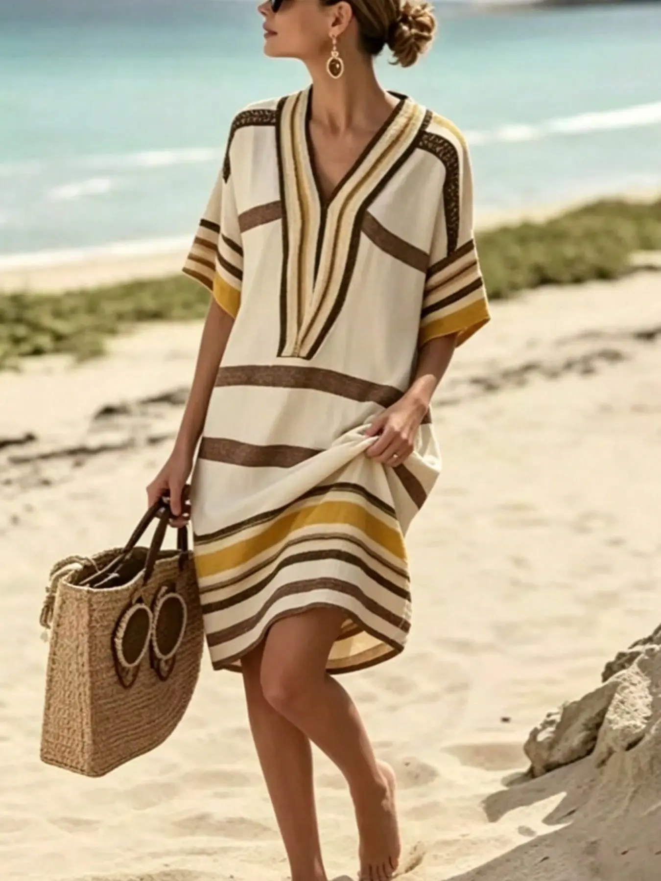 Women's Colorblock Striped Midi Dress, V Neck Short Sleeve, Lightweight Vacation Dress, Stripe, Loose Fit, Bohemian Chic Dress