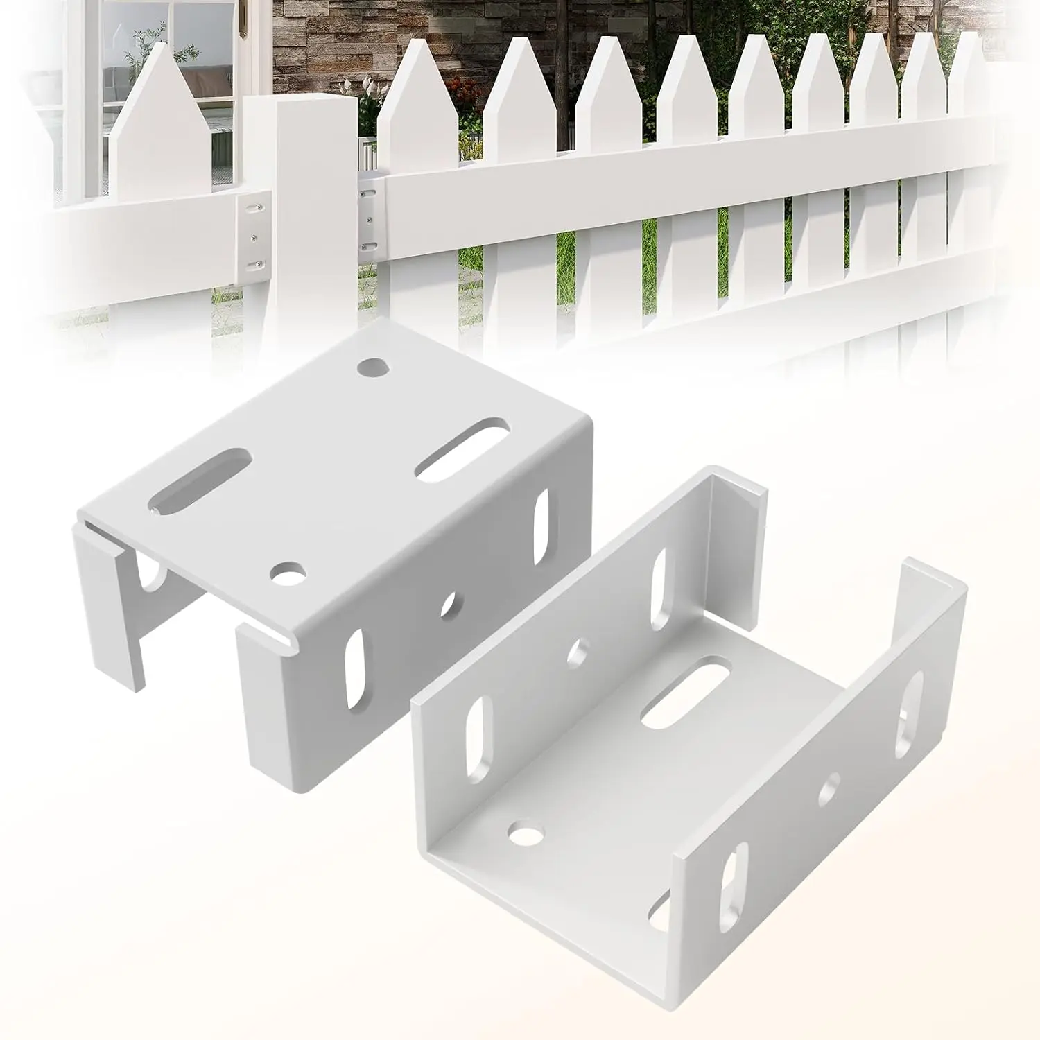 Heavy Duty Metal Vinyl Fence Brackets Set - 2-Piece with 20 Screws, Fits 2.75in Rail, Connects Panels, Curved Edges, Outdoor Home & Garden Improvement Supplies