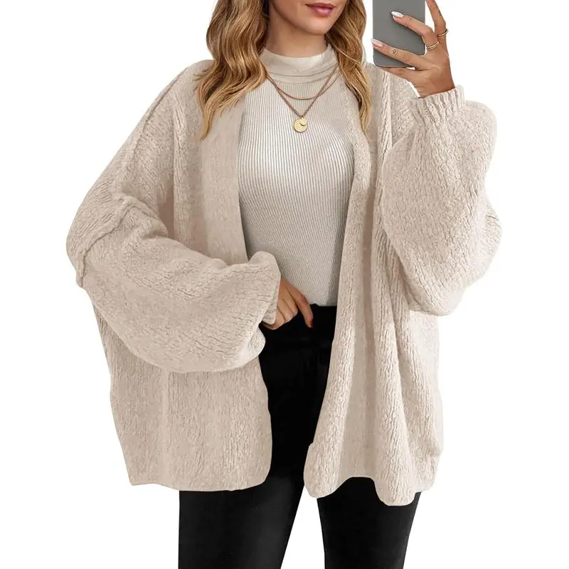 Women's Oversized Open‑Front Chunky‑Knit Cardigan, Long Lantern Sleeve Casual Knit Outerwear, Loose‑Fit Warm Sweater Coat For Fall Winter Daily Wear, Street‑Style And Outdoor Layering