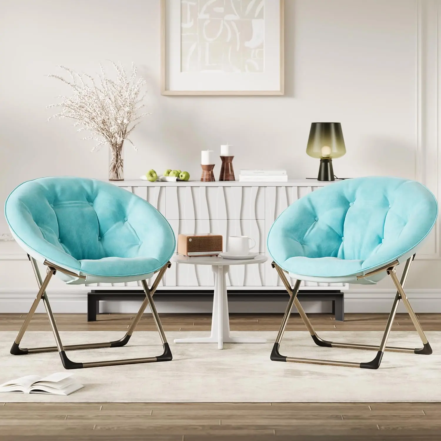 【Gravee】Folding Saucer Chair - Padded Moon Chair with Metal Frame, Soft Comfy Lounge Chair for Bedroom, Dorm, Apartment, Garden & Indoor Outdoor Use