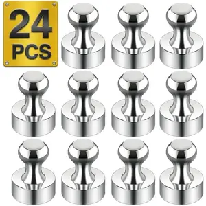 Metallic Magnets, Refrigerator Magnets, 24 Pack Silver Magnetic Push Pins, Strong Fridge Magnets, Multi-use Whiteboard Magnets Perfect for Kitchen Office ClassroomGift