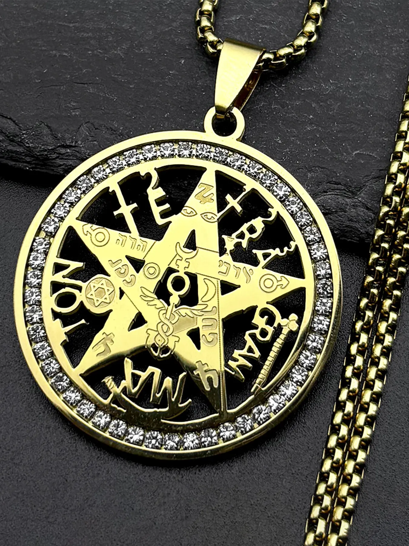 Tetragrammaton Jewish Hebrew Necklace for Women Men Stainless Steel Rhinestones Star Pentagram Talisman Chain Gift