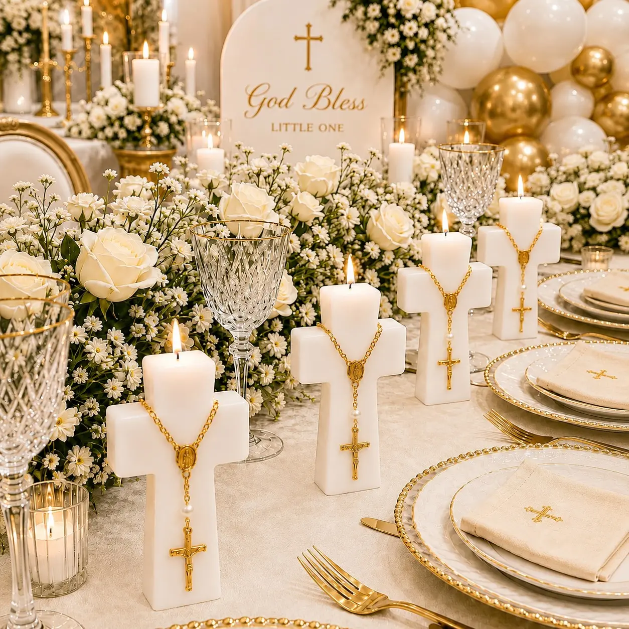 5/10 Sets Baptism and Christening Favors for Guests, White Cross Candles with Gold Mini Rosary, Thank You Cards and White Organza Gift Bags, First Holy Communion Favors, Baby Baptism, baby shower,Church Celebration Gifts and Christian Keepsakes