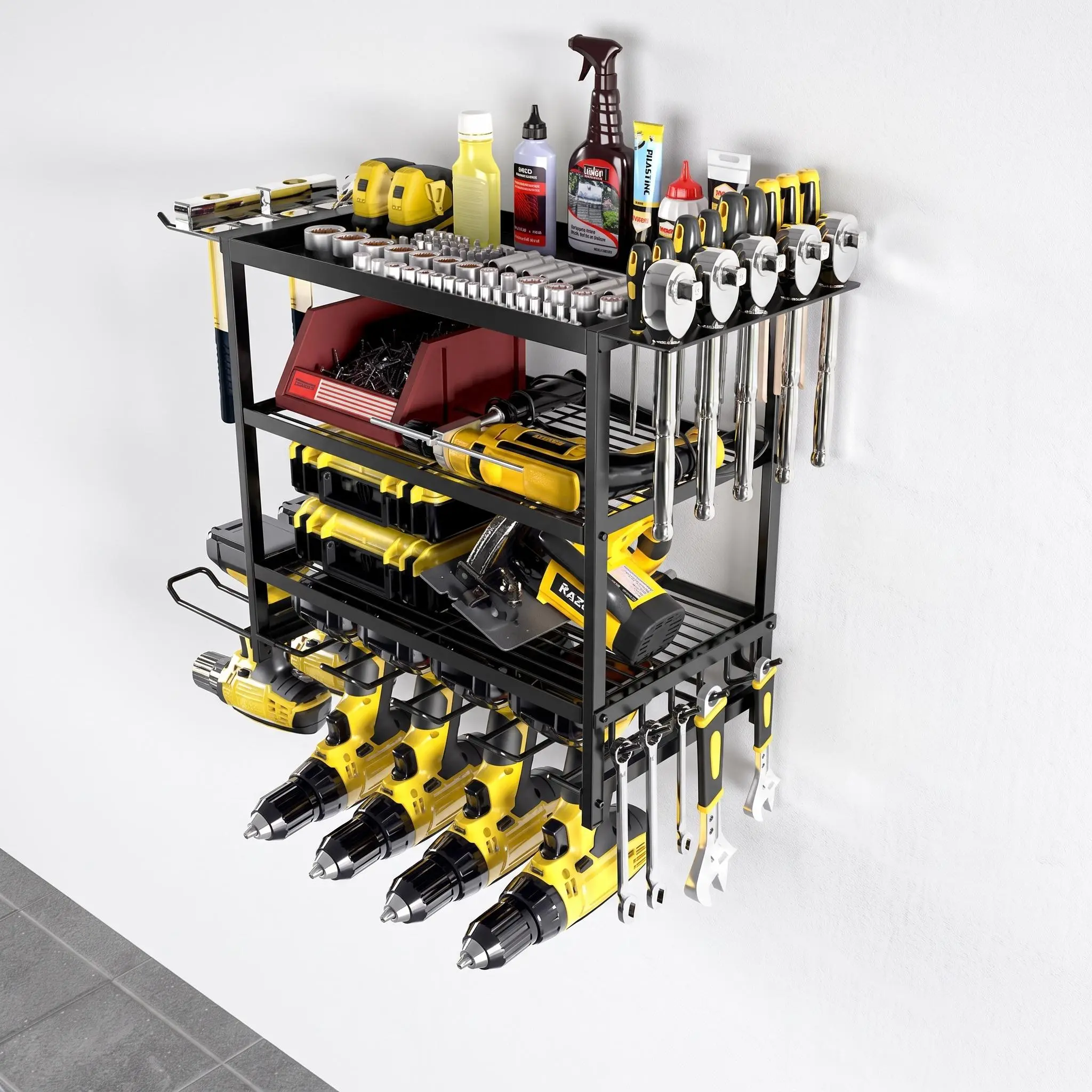Heavy Duty Wall Mount Power Tool Organizer, 4-Tier Metal Drill Storage Rack with Built-In Slots for Screwdrivers, Pliers & Hammers, Space Saving Garage Tool Storage Shelf for Workshop Organization