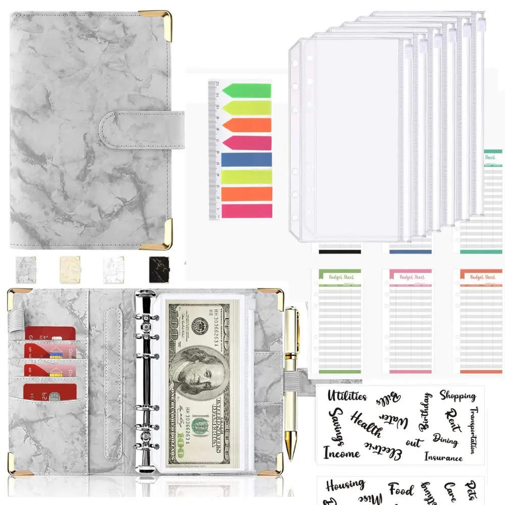 A6 Budget Binder Set, 1 Count Budget Planner with 2 Counts Personality Stickers & 12pcs Budget Sheets & 6 Counts Binder Pockets & Multi-colored labels, Stationery Supplies for Home School Office Dormitory
