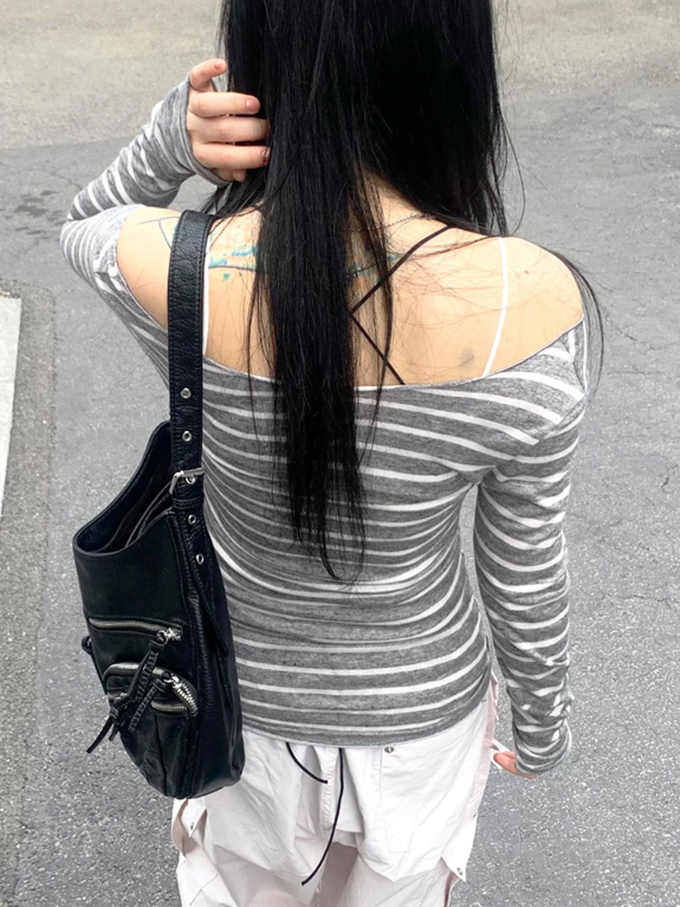 Women's Striped Print Off Shoulder Tee, Casual Chic Long Sleeve T-shirt Top for Daily Wear, Ladies Clothes for All Seasons