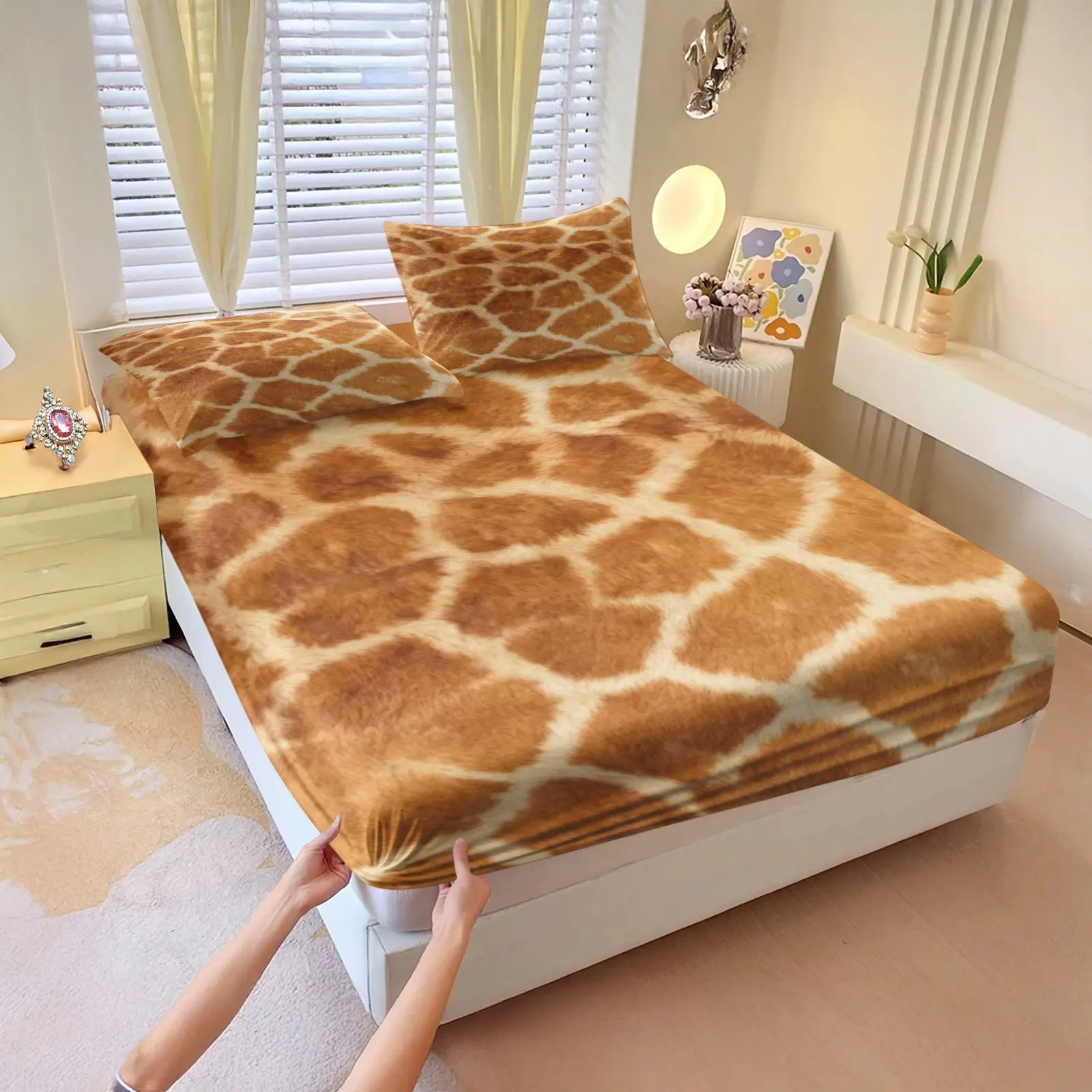Giraffe Animal Print Fitted Sheet Set, 1 Piece 360° All Around Elastic Deep Pocket Mattress Cover, Soft Breathable Machine Washable Leopard Skin Pattern Bedding for Bedroom Decor